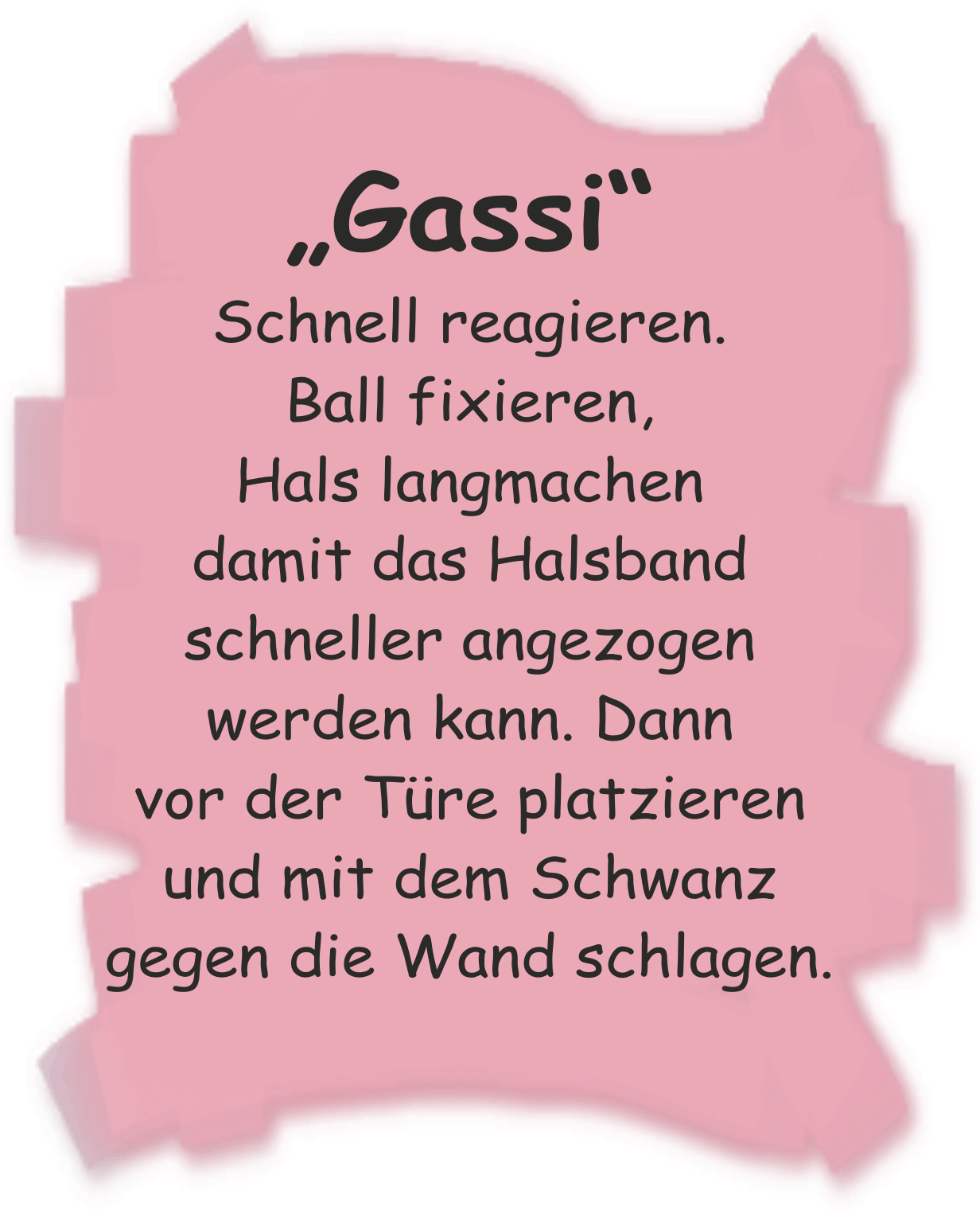 Gassi, Schnell reagieren, Ball ficieren, Hals langmachen damit das Halsband schneller angezogen werden kann. Dann vor der Tre platzieren und mit dem Schwanz gegen die Wand schlagen.